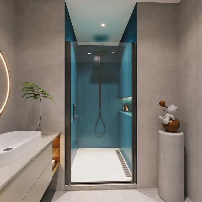 1 3 8″ Adjustment,Universal Pivot Shower Door, Open Outside, With 1 4″ Tempered Glass And Matted Black Finish Matte Black Aluminium Alloy