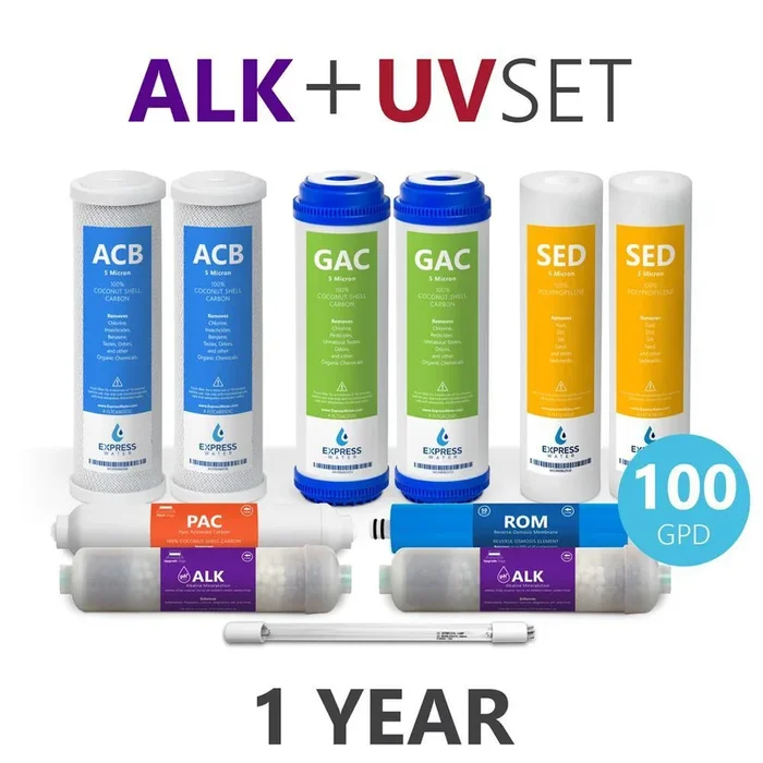 1 Year Reverse Osmosis Alkaline UV System Full Replacement Filter Set – 11 Total Filters With 100 GPD Membrane
