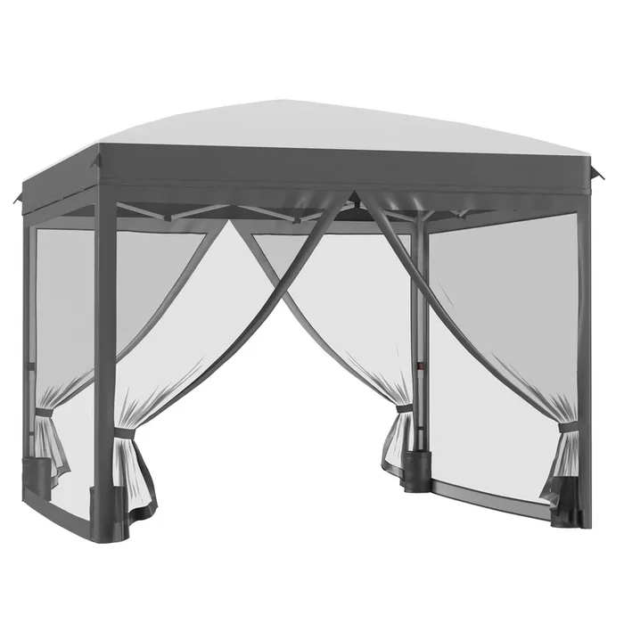 10′ x 10′ Pop Up Canopy Tent with Netting, Instant Sun Shelter, Tents for Parties, Height Adjustable, with Wheeled Carry Bag and 4 Sand Bags for Outdoor, Garden, Patio, Gray