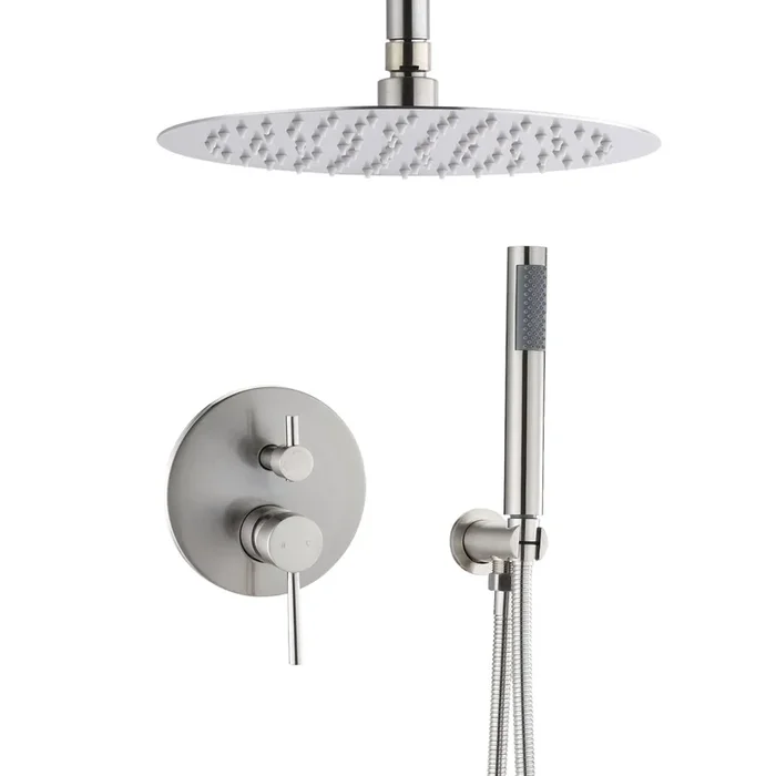 10″ Round Rainfall And Handheld Shower System With 2 Handle Temperature And Flow Control In Brushed Nickel Brushed Nickel Brass