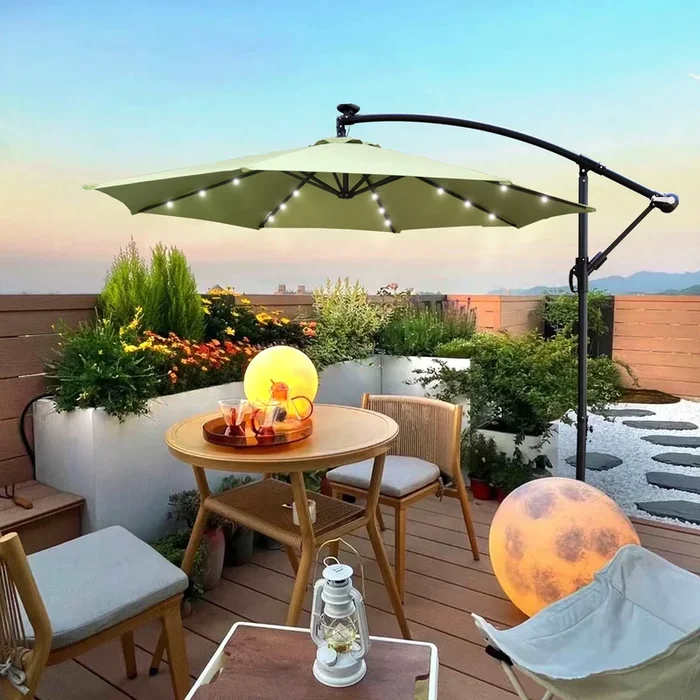 10 ft Outdoor Patio Umbrella Solar Powered LED Lighted Sun Shade Market Waterproof 8 Ribs Umbrella with Crank and Base for Garden Deck Backyard Pool