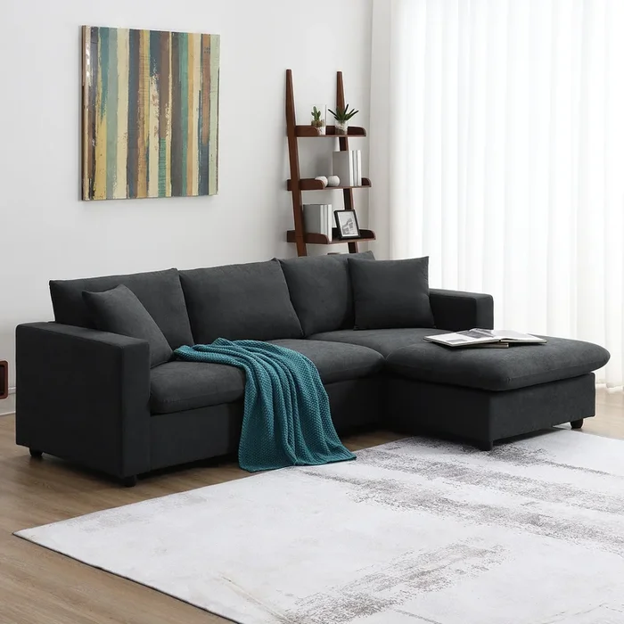 100.4*64.6″ Modern Sectional Sofa,L Shaped Couch Set With 2 Free Pillows,4 Seat Polyester Fabric Couch Set With Convertible Ottoman For Living Room, Apartment, Office,4 Colors Black Polyester 3 Seat
