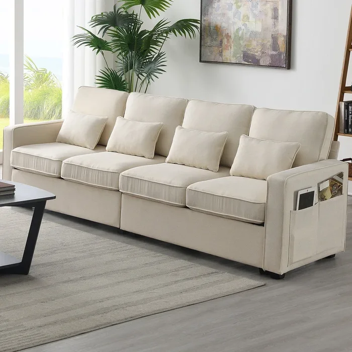 104″ 4-Seater Modern Linen Fabric Sofa with Armrest Pockets and 4 Pillows,Minimalist Style Couch for Living Room, Apartment, Office,3 Colors