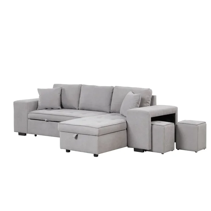 104″ Pull Out Sleeper Sofa Reversible L-Shape 3 Seat Sectional Couch with Storage Chaise and 2 Stools for Living Room Furniture Set, Gray