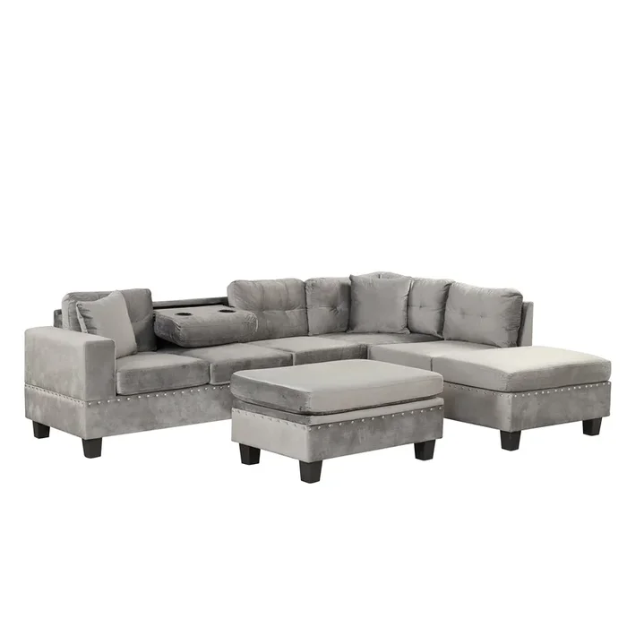 106.5″ Modern Sectional Sofa with Storage Ottoman, L-Shape Couch with 2 Pillows and Cup Holder, Sectional Sofa with Reversible Chaise for Living Room, Gray