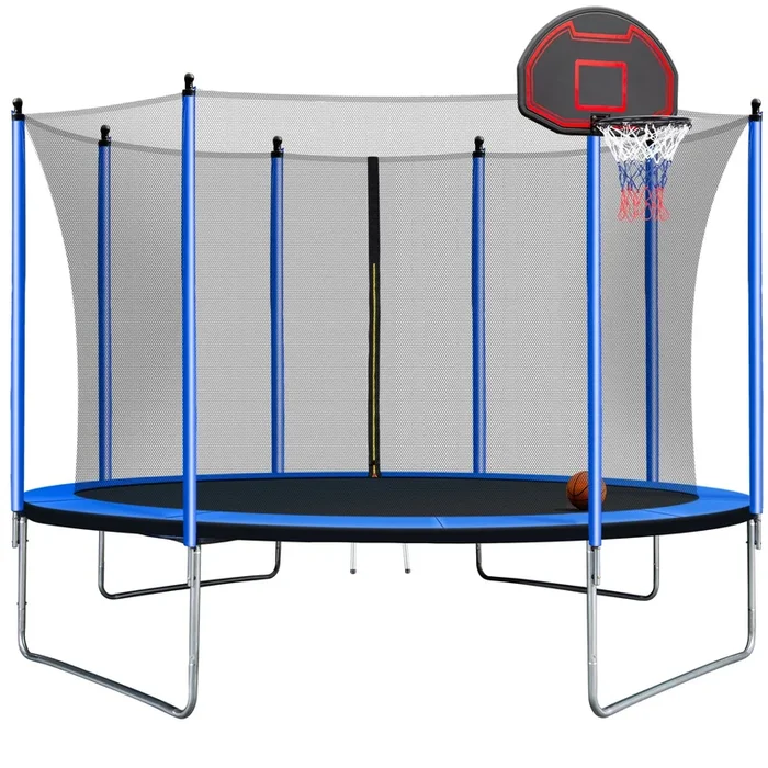 10FT Trampoline with Basketball Hoop Inflator and Ladder (Inner Safety Enclosure) Blue