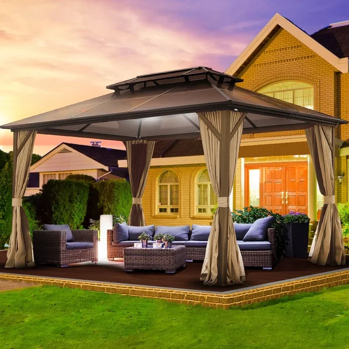 10X13ft Patio Gazebo with Netting & Curtains, Brown