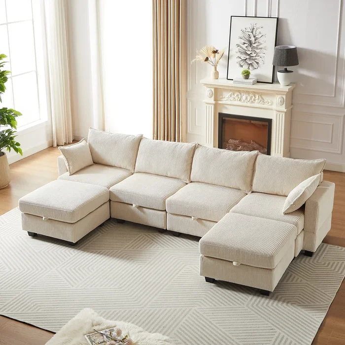 113.5” Modular Sectiona Corduroy Sofa, Sectional Couches For Living Room U Shaped Sectional Couch With Storage Ottoman, 6 Seats Convertible Sectionals With Chaise Beige Corduroy 3 Seat