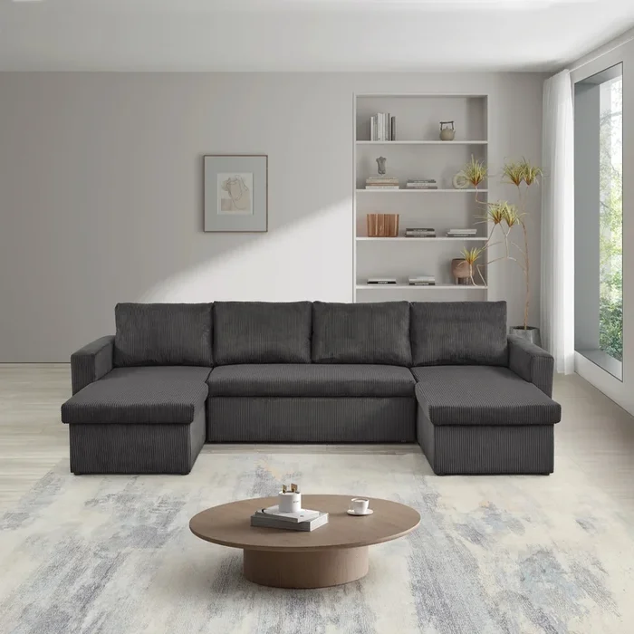 114″Convertible Pull Out Sofa Bed with Storage Chaise Sofa Bed Corduroy Velvet Upholstery Dark Grey