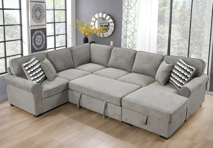117″ Oversized Sectional Sofa With Storage Chaise, Rolled Arms U Shaped Sectional Couch ,Removable Soft Backrest Cushions, With 4 Throw Pillows For Large Space Dorm Apartment,Light Gray Light Brown Wood Primary Living Space Heavy Duty Eucalyptus 7 Seat