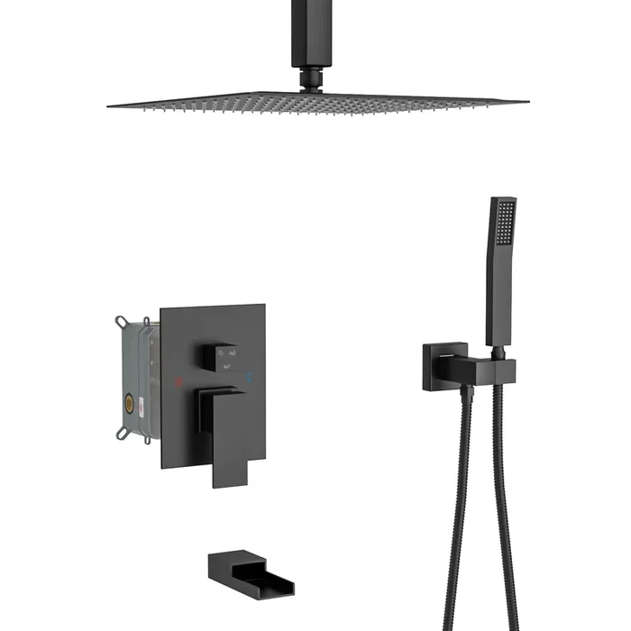 12″ Rain Shower Head Systems with Waterfall Tub Spout, Matte Black, Ceiling Mounted shower