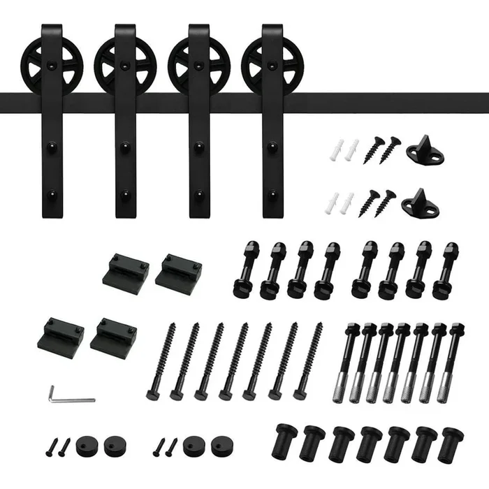 12 ft./144 in. Black Steel Sliding Barn Door Track and Hardware Kit for Double Doors with Floor Guide Bigwheel J Shape)