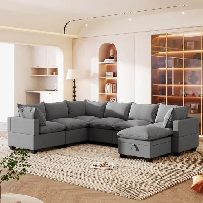 120×93″ Modern U Shape Modular Sofa with Storage Ottoman,Luxury 7 Seat Sectional Couch Set with 2 Pillows Included,Freely Combinable Indoor Funiture for Living Room, Apartment
