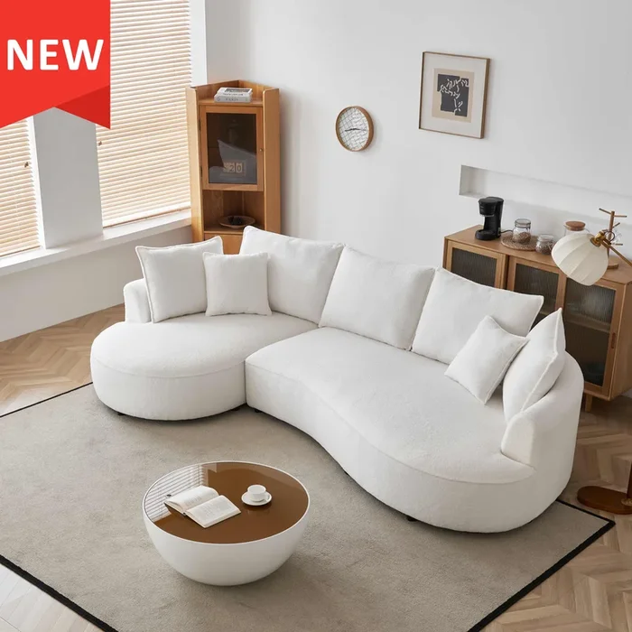 122.8″ Curved Sofa Modern Curved Couch Living Room Modular Sectional Sofa, Mid Century Upholstered Couch Sherpa Boucle Fabric Sofa For Bedroom Apartment Left Hand Facing White Wood