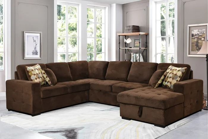 123″ Oversized Sectional Sofa With Storage Chaise, U Shaped Sectional Couch With 4 Throw Pillows For Large Space Dorm Apartment. Chocolate Chocolate Foam Upholstered
