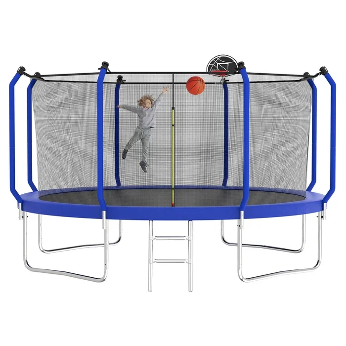12FT Trampoline with Basketball Hoop, ASTM Approved Reinforced Type Outdoor Trampoline with Enclosure Net
