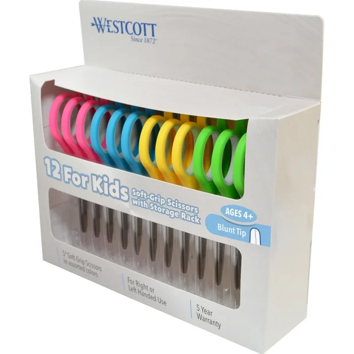 12Pk 5In Blunt Kids Scissors Soft Handle & Storage Rack