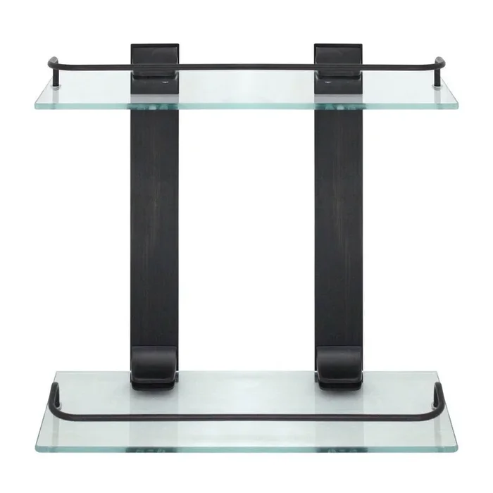 13.75 in. W Double Glass Wall Shelf with Pre-Installed Rails in Rubbed Bronze