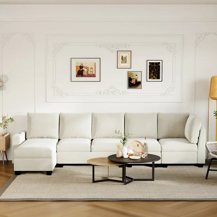 138*56″ Modern L Shape Sectional Sofa, 6 Seat Velvet Fabric Couch With Convertible Chaise Lounge,Freely Combinable Indoor Furniture For Living Room, Apartment, Office,3 Colors Cream Velvet 6 Seat