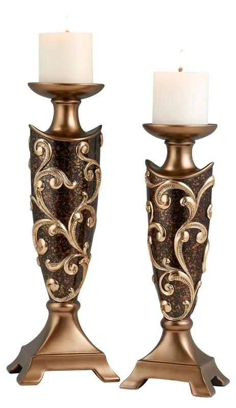 14″ And 16″ Tall Polyresin “Odysseus” Candleholder, Baroque Style Set Of 2 Multicolor Polyresin
