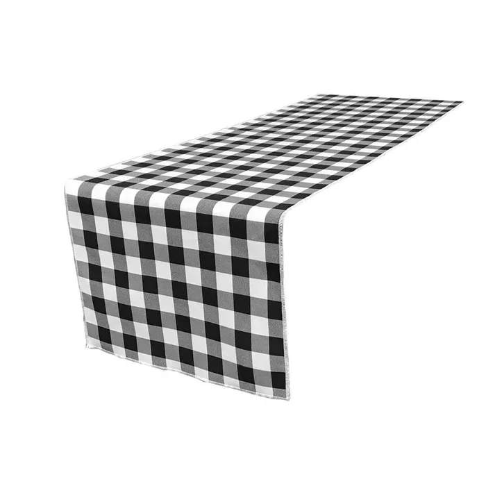 14 in. x 108 in. White and Black Polyester Gingham Checkered Table Runner