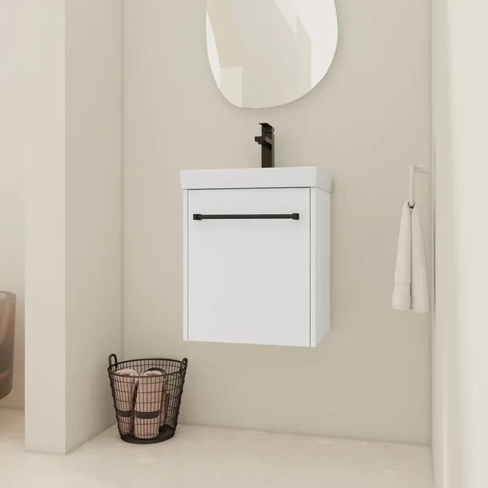 18” Floating Wall Mounted Bathroom Vanity With Ceramic Sink & Soft Close Cabinet Door, For Small Bathroom Glossy White Bathroom Modern Plywood
