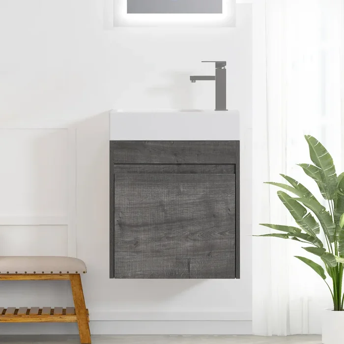 18” Floating Wall Mounted Bathroom Vanity With White Resin Sink & Soft Close Cabinet Door Plaid Grey Oak 1 Soft Close Doors Bathroom Wall Mounted Modern Plywood Plywood