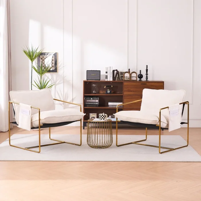 2 Chairs In 1 Box, Upholstered Hanging Armchair With Arm Pocketsmetal Frame, Gold Plated Craftsman, Crushed Foam Cushions And Skin Friendly Woven Fabric For Living Room And Bedroom. Beige Beige Metal