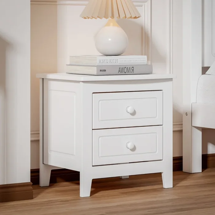 2 Drawer Nightstand For Bedroom, Mid Century Retro Bedside Table With Classic Design,White White Wood