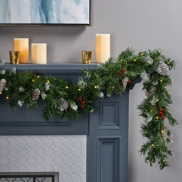 2 Packed 9’X10” Mixed Frosted Garland With 20 Pine Cones And 10 Red Berry With 50 Warm White Led Lights With Timer Battery Operated Outdoor, 200 Tips Green Pvc