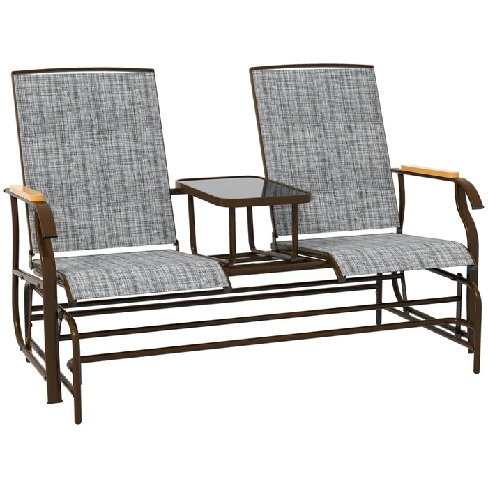 2 Person Outdoor Glider Bench, Patio Swing Glider Chair Loveseat with Breathable Mesh, Table, Steel Frame for Garden, Backyard, Porch, Gray