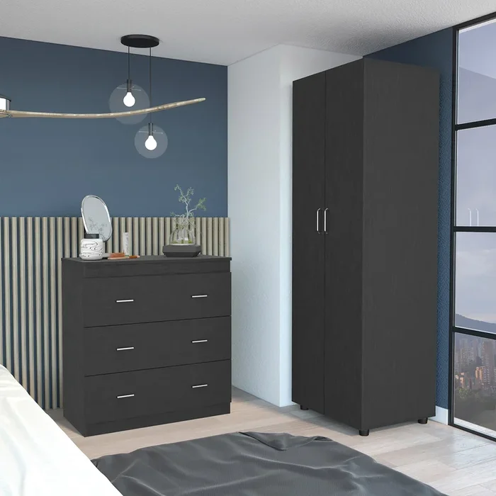 2 Piece Bedroom Set, London Armoire Capri Three Drawer Dresser, Black Black 2 Piece Set Bedroom Chest Included,Dresser Included Modern Particle Board Particle Board