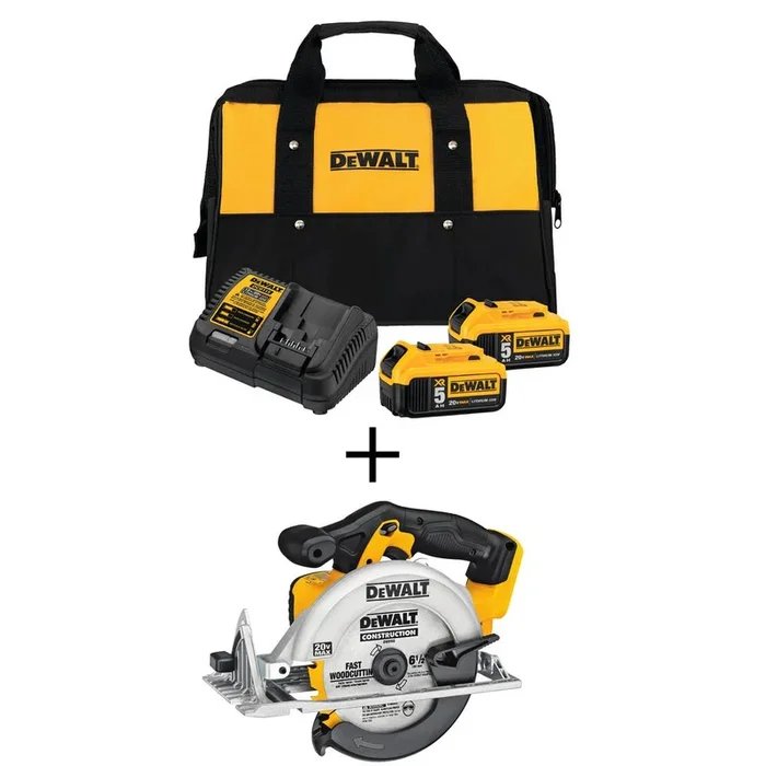 20-Volt MAX Lithium-Ion Cordless 6-1/2 in. Circular Saw with Premium Battery Pack 5.0 Ah (2-Pack), Charger and Kit Bag