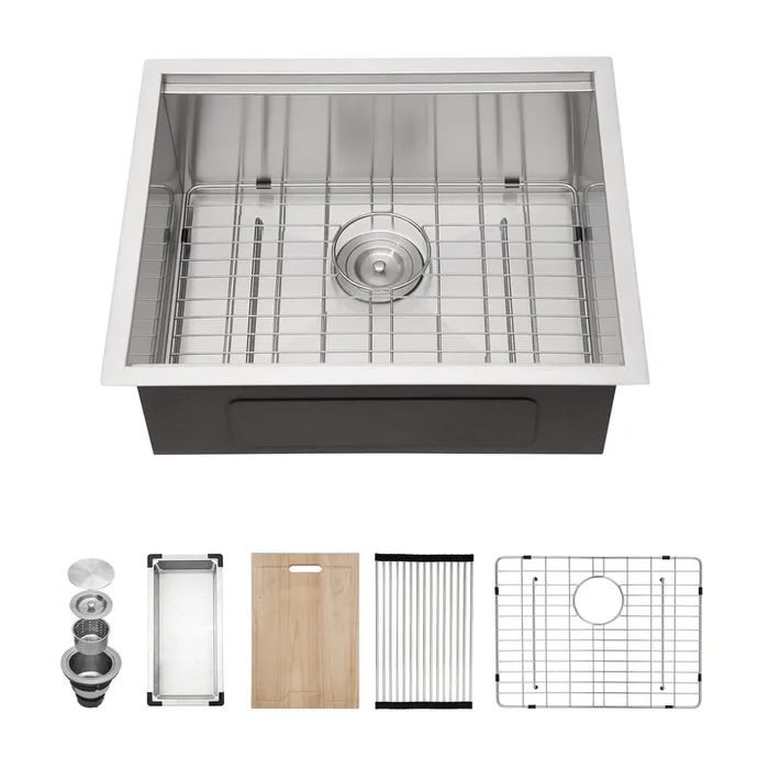 23″ Undermount Kitchen Sink 23*19*9 Inch Kitchen Sink Undermount Single Bowl 18 Gauge Stainless Steel Ledge Workstation Kitchen Sinks Brushed Nickel Stainless Steel