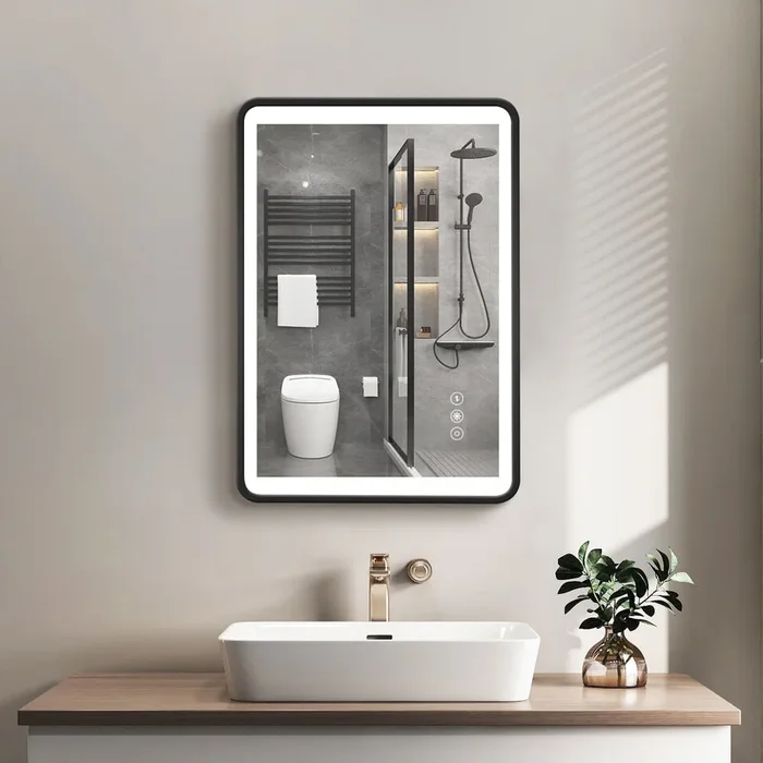24×32 Black Metal Framed Bathroom Mirror for Wall Rounded Rectangle Mirror, Bathroom Vanity Mirror, Hotel, Anti-Rust Hangs Horizontally or Vertically