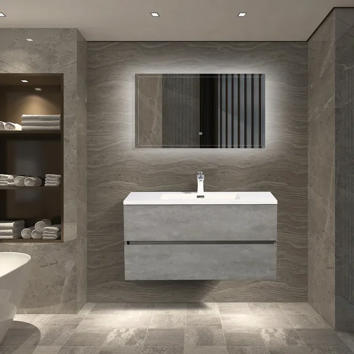 24′ Wall Mounted Single Bathroom Vanity In Ash Gray With White Solid Surface Vanity Top Antique Grey White Mdf