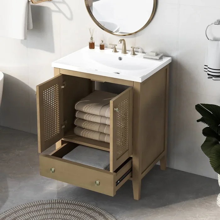 24″ Bathroom Vanity with Ceramic Basin, Rattan Bathroom Storage Cabinet with Two Doors and Drawer, Solid Frame, Natural