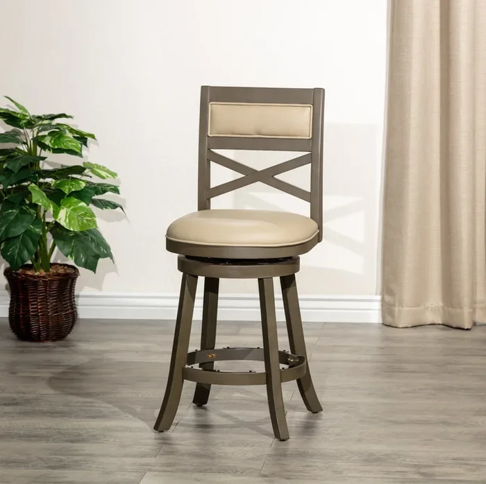 24″ Counter Height X-Back Swivel Stool, Weathered Gray Finish, French Gray Leather Seat