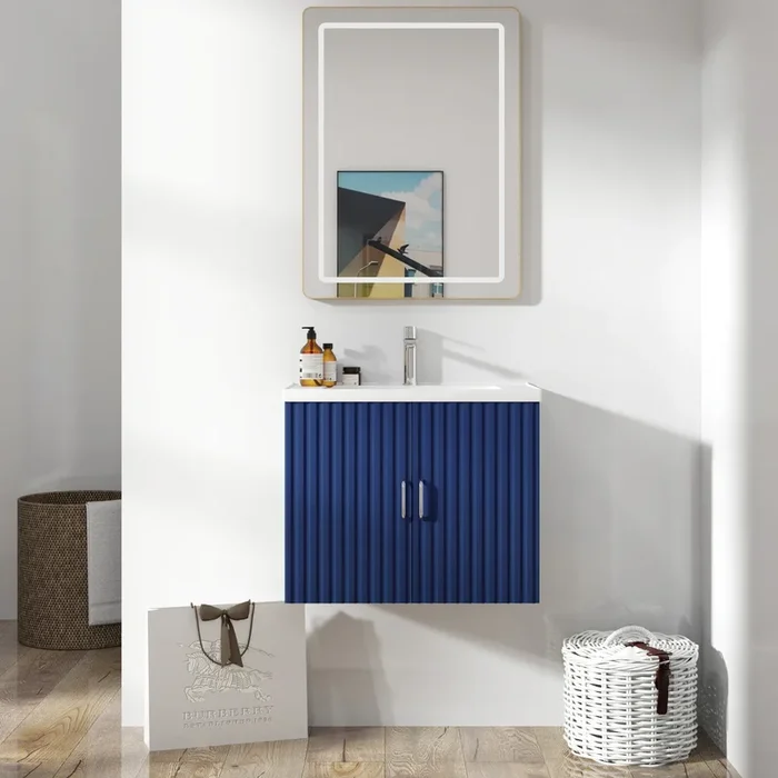 24″ Floating Wall Mounted Bathroom Vanity With White Porcelain Sink And Soft Close Doors Blue Ceramic Mdf