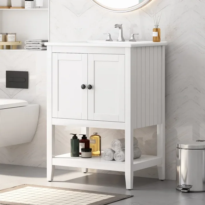 24″ White Modern Sleek Bathroom Vanity Elegant Ceramic Sink With Solid Wood Frame Open Style Shelf White Solid Wood