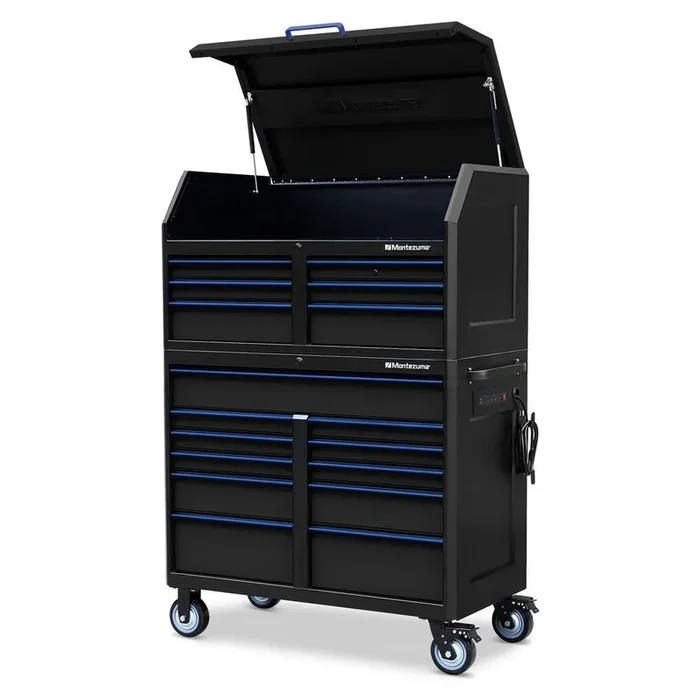 24 in. x 46 in. 17-Drawer Tool Chest and Cabinet Combo with Power and USB Outlets in Black and Blue