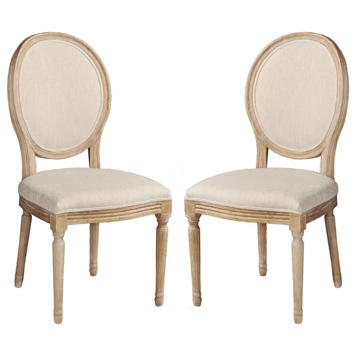 24 Inch Distressed Wood Dining Chair, Beige Fabric,Set Of 2, Natural Brown Beige Brown Wood Fabric