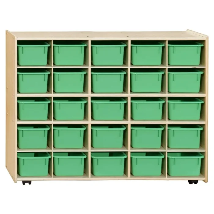 25 Tray Storage with Lime Green Trays, Assembled with Casters – Contender