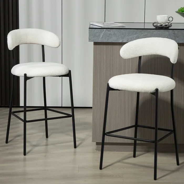 26” Counter Height Bar Stools Teddy Fabric Cover Kitchen Island Counter Bar Stool With Black Powder Coating Base And Footrest Snow Cushion Metal White Kitchen Foam Modern Bar Stools Open Back 1 Foam Teddy
