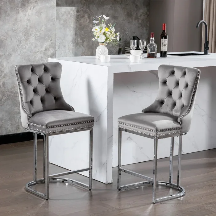 26″ Counter Height Bar Stools Set of 2, Modern Velvet Barstools with Button Back&Rivet Trim Upholstered Kitchen Island Chairs with Sturdy Chromed Metal Base Legs Farmhouse Bar Stools, (Gray, 2 Pack)