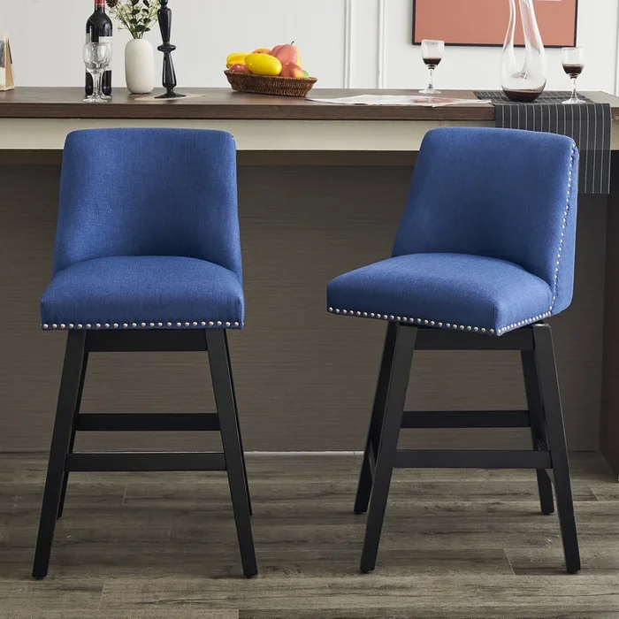 26″ Upholstered Swivel Bar Stools Set of 2, Modern Linen Fabric High Back Counter Stools with Nail Head Design and Wood Frame