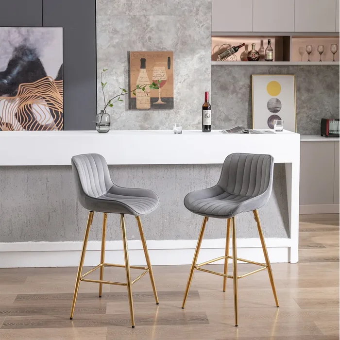 26 Inch Set of 2 Bar Stools, with Chrome Footrest Velvet Fabric Counter Stool Golden Leg Simple Bar Stool, GRAY