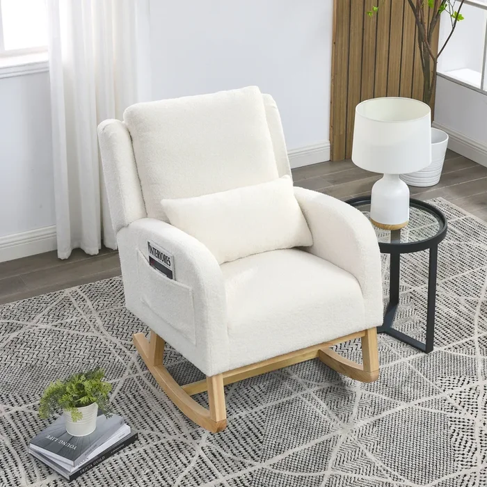 27.5″ W Modern Accent High Back Living Room Casual Armchair Rocker with One Lumbar Pillow, Two Side Pockets, Teddy.