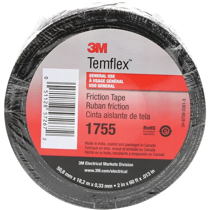 3/4″ x 60 Feet Black 3M 1755 Cotton Friction Tape 20/Case