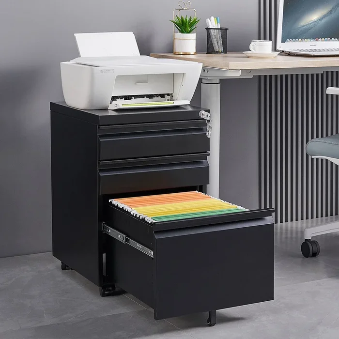 3-Drawer Mobile File Cabinet with Lock, Office Storage Filing Cabinet for Legal/Letter Size, Pre-Assembled Metal File Cabinet Except Wheels Under Desk (Black)